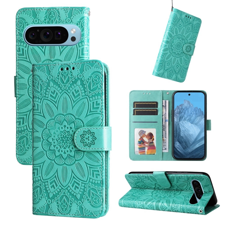 For Google Pixel 9 Embossed Sunflower Leather Phone Case(Green) - Google Cases by PMC TechLife | Online Shopping South Africa | PMC TechLife | Buy Now Pay Later Mobicred