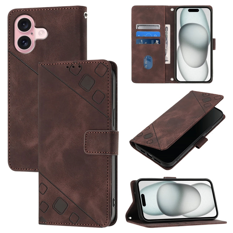 For iPhone 16 Skin-feel Embossed Leather Phone Case(Brown) - iPhone 16 Cases by PMC TechLife | Online Shopping South Africa | PMC TechLife | Buy Now Pay Later Mobicred