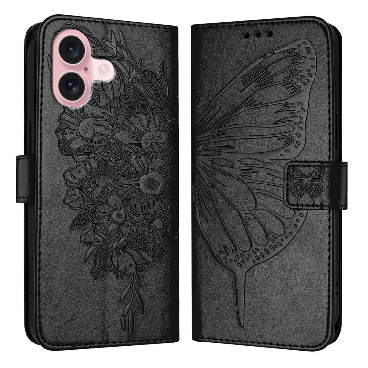 For iPhone 16 Embossed Butterfly Leather Phone Case(Black) - iPhone 16 Cases by PMC TechLife | Online Shopping South Africa | PMC TechLife | Buy Now Pay Later Mobicred