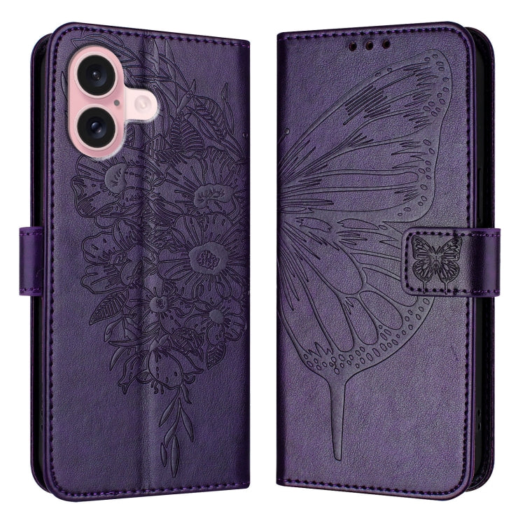 For iPhone 16 Embossed Butterfly Leather Phone Case(Dark Purple) - iPhone 16 Cases by PMC TechLife | Online Shopping South Africa | PMC TechLife | Buy Now Pay Later Mobicred