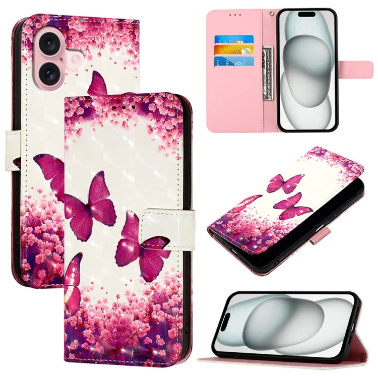 For iPhone 16 3D Painting Horizontal Flip Leather Phone Case(Rose Butterfly) - iPhone 16 Cases by PMC TechLife | Online Shopping South Africa | PMC TechLife | Buy Now Pay Later Mobicred