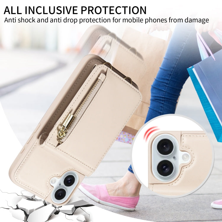 For iPhone 16 Plus Crossbody Lanyard Zipper Wallet Leather Phone Case(Beige) - free shipping - PMC Jewellery - Order now!