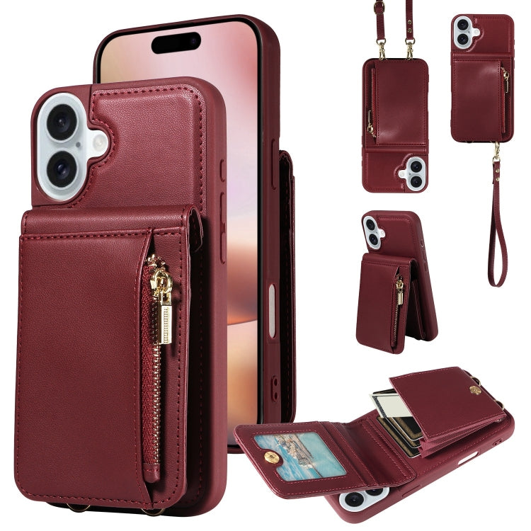 For iPhone 16 Plus Crossbody Lanyard Zipper Wallet Leather Phone Case(Wine Red) - free shipping - PMC Jewellery - Order now!