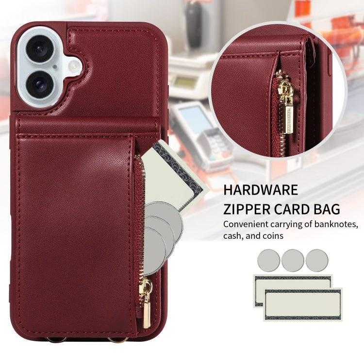 For iPhone 16 Plus Crossbody Lanyard Zipper Wallet Leather Phone Case(Wine Red) - free shipping - PMC Jewellery - Order now!