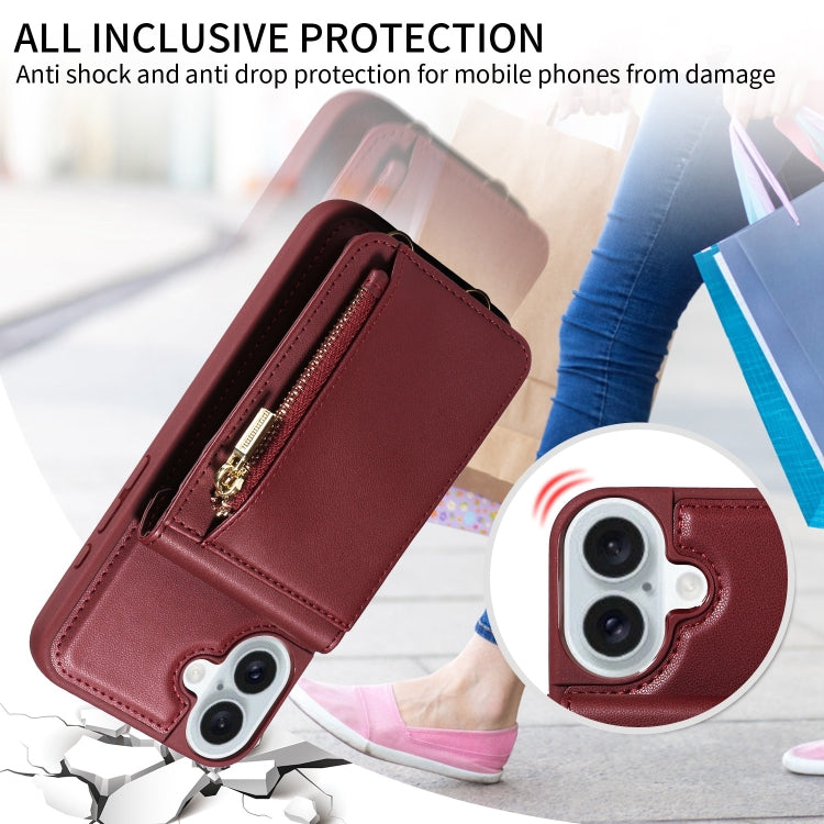 For iPhone 16 Plus Crossbody Lanyard Zipper Wallet Leather Phone Case(Wine Red) - free shipping - PMC Jewellery - Order now!