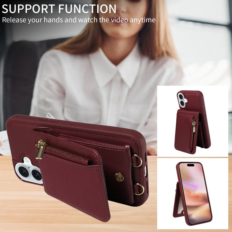 For iPhone 16 Plus Crossbody Lanyard Zipper Wallet Leather Phone Case(Wine Red) - free shipping - PMC Jewellery - Order now!