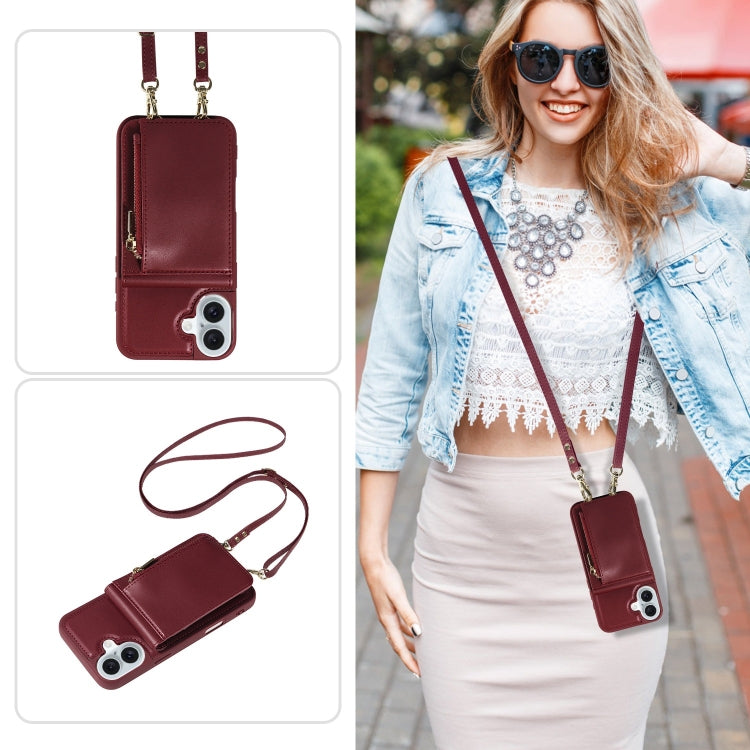 For iPhone 16 Plus Crossbody Lanyard Zipper Wallet Leather Phone Case(Wine Red) - free shipping - PMC Jewellery - Order now!