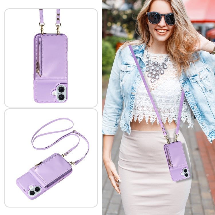 For iPhone 16 Plus Crossbody Lanyard Zipper Wallet Leather Phone Case(Purple) - free shipping - PMC Jewellery - Order now!