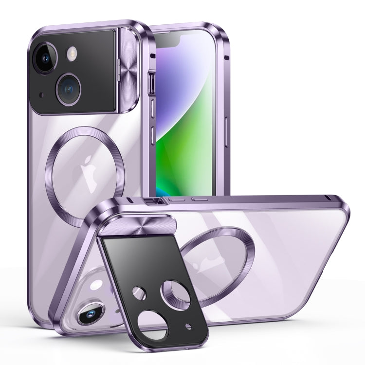 For iPhone 13 Large Window Holder MagSafe Magnetic Metal Phone Case(Purple) - iPhone 13 Cases by PMC TechLife | Online Shopping South Africa | PMC TechLife