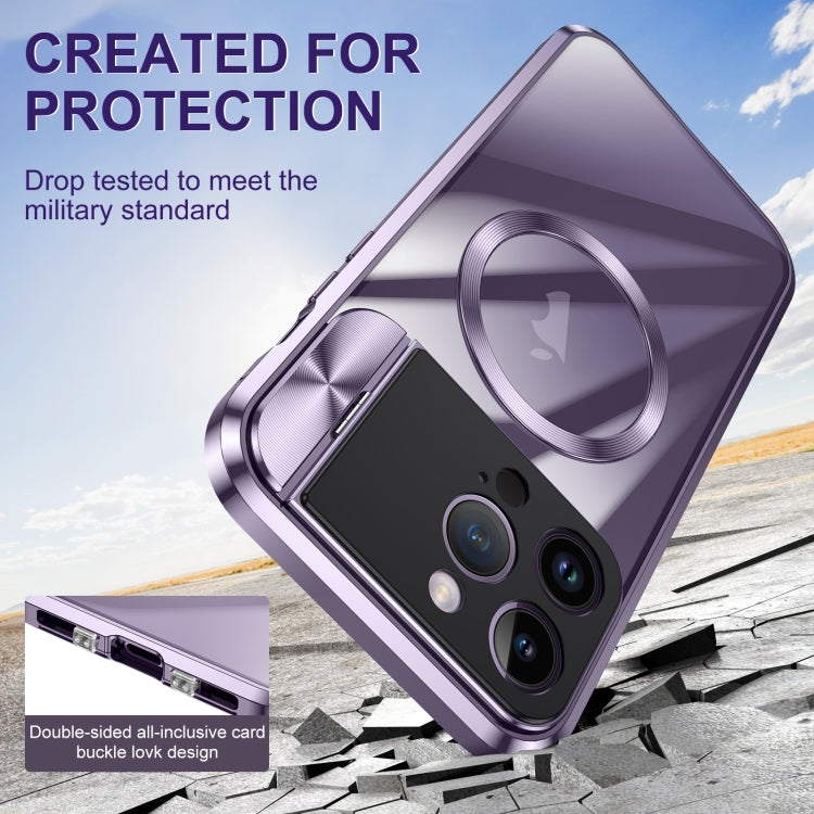 For iPhone 13 Large Window Holder MagSafe Magnetic Metal Phone Case(Purple) - iPhone 13 Cases by PMC TechLife | Online Shopping South Africa | PMC TechLife