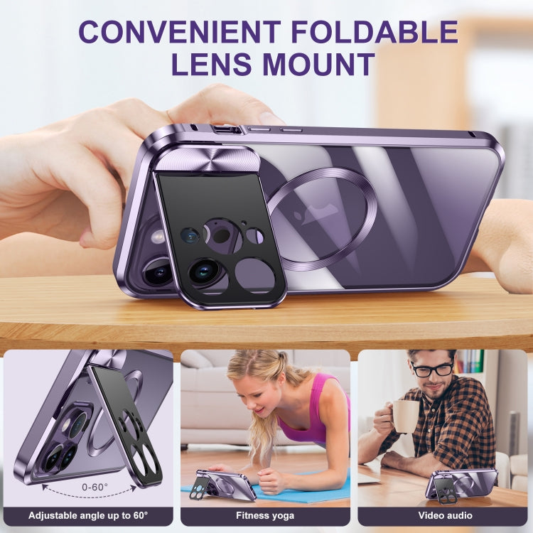 For iPhone 14 Large Window Holder MagSafe Magnetic Metal Phone Case(Purple) - iPhone 14 Cases by PMC TechLife | Online Shopping South Africa | PMC TechLife