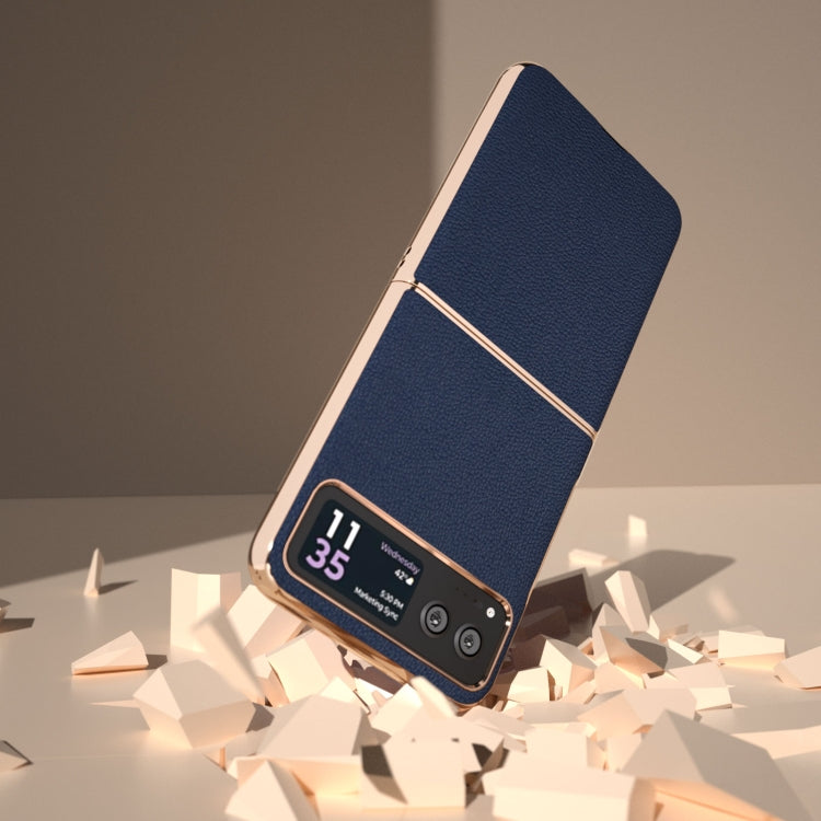 For Motorola Razr 40 Nano Plating Genuine Leather Luolai Series Phone Case(Dark Blue) - Motorola Cases by PMC TechLife | Online Shopping South Africa | PMC TechLife | Buy Now Pay Later Mobicred