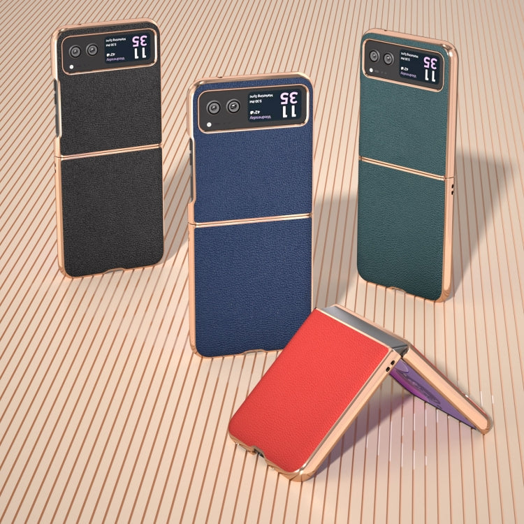 For Motorola Razr 40 Nano Plating Genuine Leather Luolai Series Phone Case(Dark Blue) - Motorola Cases by PMC TechLife | Online Shopping South Africa | PMC TechLife | Buy Now Pay Later Mobicred