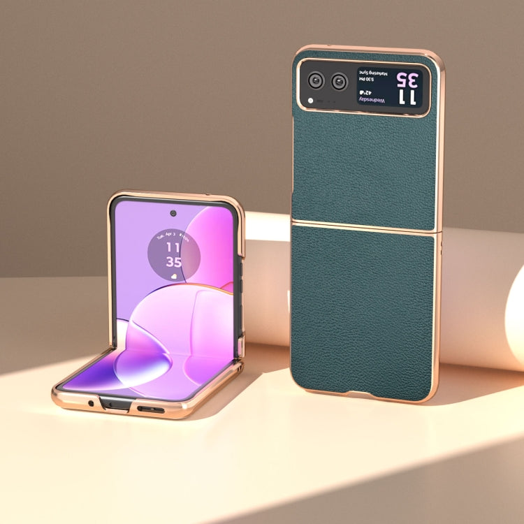 For Motorola Razr 40 Nano Plating Genuine Leather Luolai Series Phone Case(Dark Green) - Motorola Cases by PMC TechLife | Online Shopping South Africa | PMC TechLife | Buy Now Pay Later Mobicred