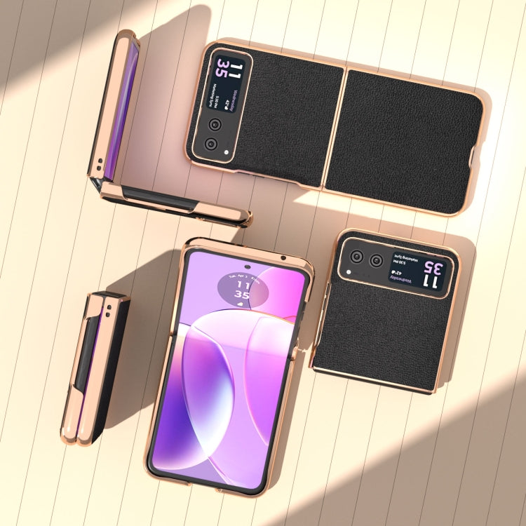 For Motorola Razr 40 Nano Plating Genuine Leather Luolai Series Phone Case(Black) - Motorola Cases by PMC TechLife | Online Shopping South Africa | PMC TechLife | Buy Now Pay Later Mobicred