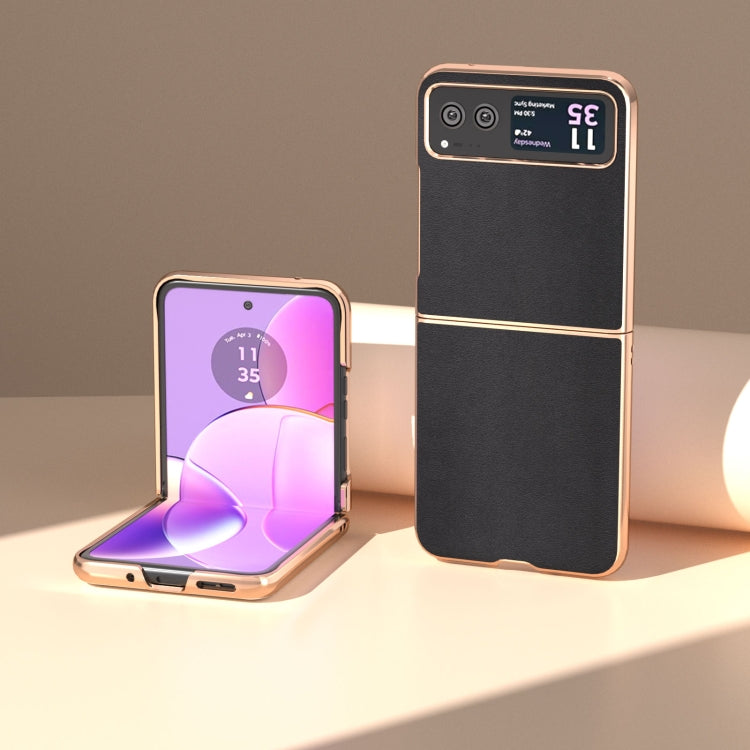 For Motorola Razr 40 Nano Plating Genuine Leather Xiaoya Series Phone Case(Black) - Motorola Cases by PMC TechLife | Online Shopping South Africa | PMC TechLife | Buy Now Pay Later Mobicred