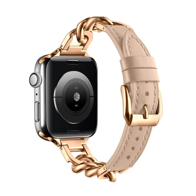 For Apple Watch Series 9 45mm Chain Genuine Leather Watch Band, Size: L(Rose Gold Apricot) - free shipping - PMC TechLife - Order now!