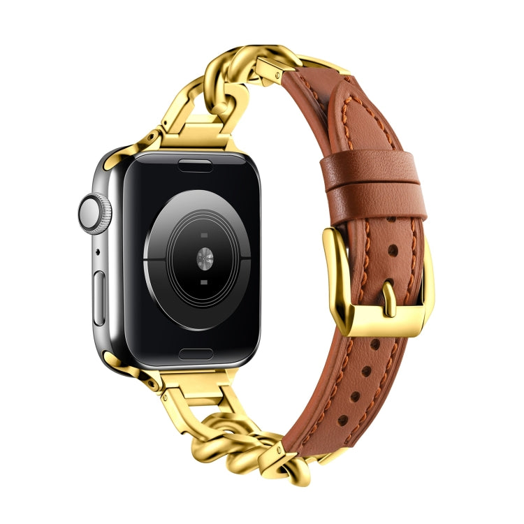 For Apple Watch SE 2023 44mm Chain Genuine Leather Watch Band, Size: L(Gold Brown) - free shipping - PMC TechLife - Order now!