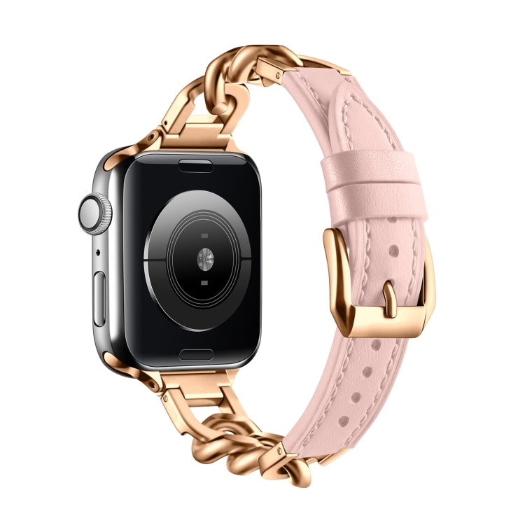 For Apple Watch SE 2023 44mm Chain Genuine Leather Watch Band, Size: L(Rose Gold Pink) - free shipping - PMC TechLife - Order now!