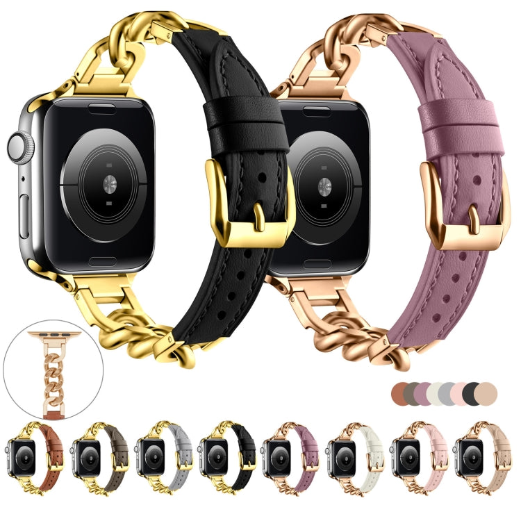 For Apple Watch Series 9 45mm Chain Genuine Leather Watch Band, Size: L(Gold Dark Brown) - free shipping - PMC TechLife - Order now!
