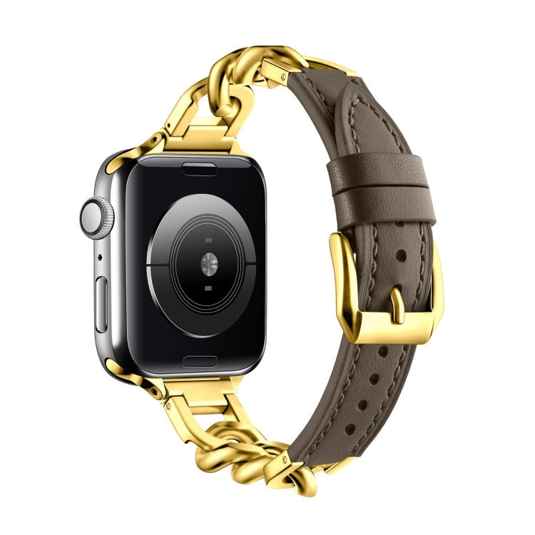 For Apple Watch Ultra 49mm Chain Genuine Leather Watch Band, Size: S(Gold Dark Brown) - free shipping - PMC TechLife - Order now!
