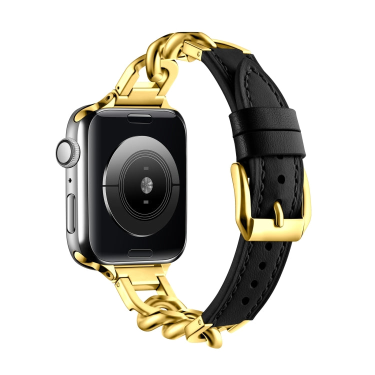 For Apple Watch Series 4 40mm Chain Genuine Leather Watch Band, Size: S(Gold Black) - free shipping - PMC TechLife - Order now!