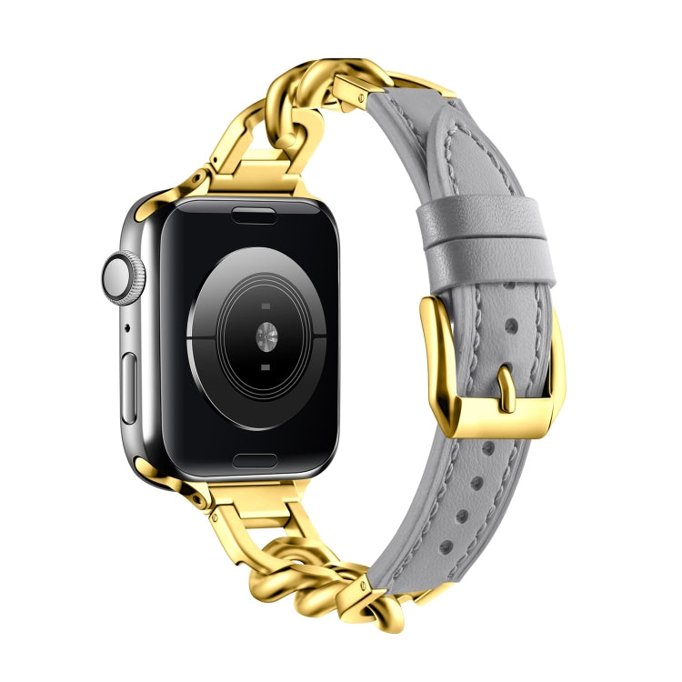 For Apple Watch 38mm Chain Genuine Leather Watch Band, Size: S(Gold Grey) - free shipping - PMC TechLife - Order now!