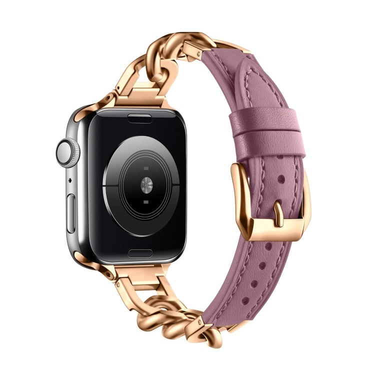 For Apple Watch SE 2023 40mm Chain Genuine Leather Watch Band, Size: S(Rose Gold Pale Mauve) - free shipping - PMC TechLife - Order now!