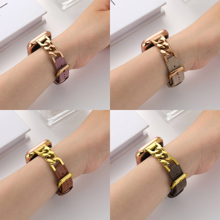 For Apple Watch Series 9 45mm Chain Genuine Leather Watch Band, Size: S(Gold Dark Brown) - free shipping - PMC TechLife - Order now!