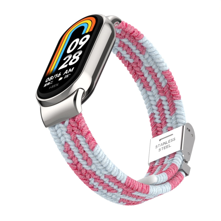 For Xiaomi Mi Band 8 / 8 NFC Metal Head + Nylon Braided Steel Buckle Watch Band(Pink White) - Watch Bands by PMC TechLife | Online Shopping South Africa | PMC TechLife