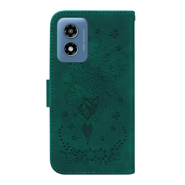 For Motorola Moto G Play 4G 2024 Butterfly Rose Embossed Leather Phone Case(Green) - Motorola Cases by PMC Jewellery | Online Shopping South Africa | PMC Jewellery | Buy Now Pay Later Mobicred