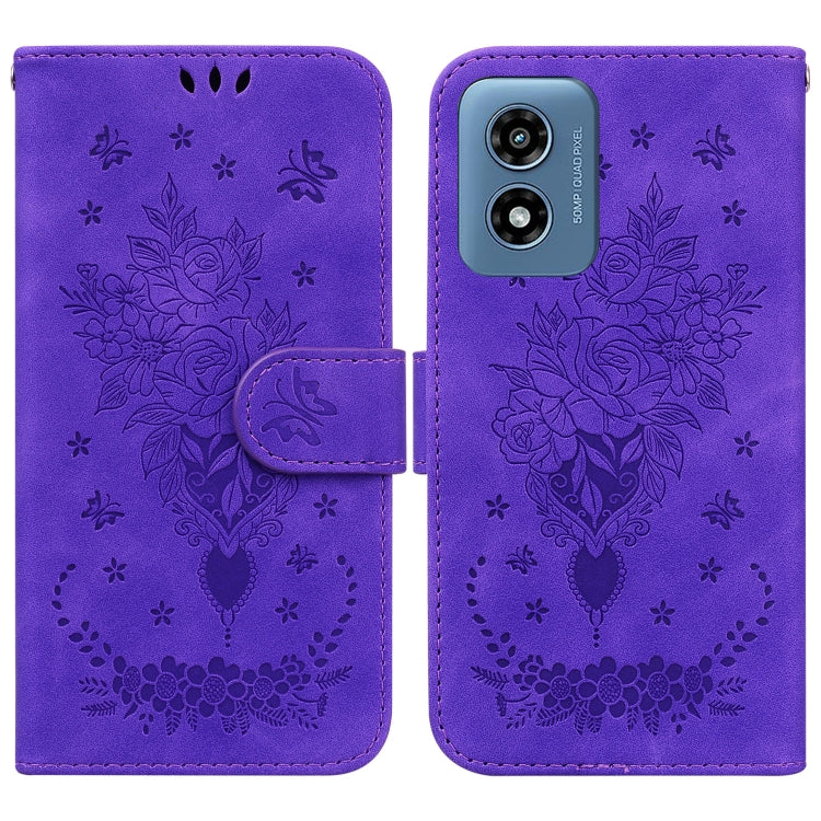 For Motorola Moto G Play 4G 2024 Butterfly Rose Embossed Leather Phone Case(Purple) - Motorola Cases by PMC Jewellery | Online Shopping South Africa | PMC Jewellery | Buy Now Pay Later Mobicred