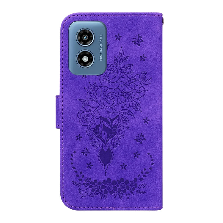 For Motorola Moto G Play 4G 2024 Butterfly Rose Embossed Leather Phone Case(Purple) - Motorola Cases by PMC Jewellery | Online Shopping South Africa | PMC Jewellery | Buy Now Pay Later Mobicred
