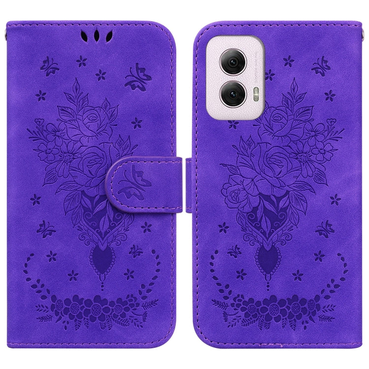 For Motorola Moto G Power 5G 2024 Butterfly Rose Embossed Leather Phone Case(Purple) - Motorola Cases by PMC Jewellery | Online Shopping South Africa | PMC Jewellery | Buy Now Pay Later Mobicred