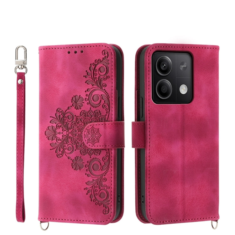 For Xiaomi Redmi Note 13 5G Skin-feel Flowers Embossed Wallet Leather Phone Case(Wine Red) - Note 13 Cases by PMC TechLife | Online Shopping South Africa | PMC TechLife | Buy Now Pay Later Mobicred