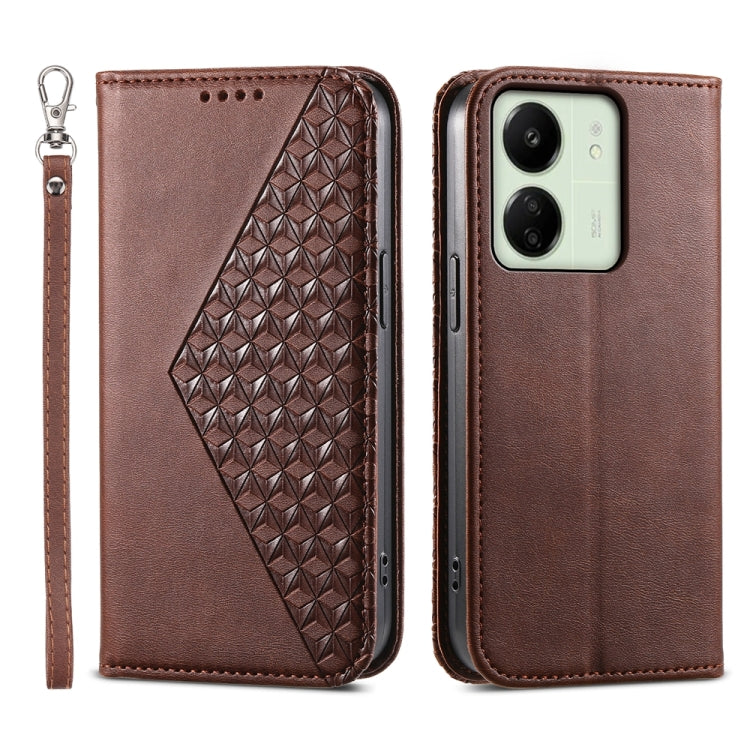 For Xiaomi Redmi 13C Cubic Grid Calf Texture Magnetic Leather Phone Case(Brown) - 13C Cases by PMC TechLife | Online Shopping South Africa | PMC TechLife | Buy Now Pay Later Mobicred