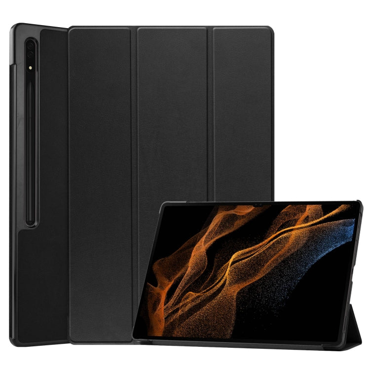 For Samsung Galaxy Tab S10 Ultra / S9 Ultra Custer Pure Color 3-Fold Holder Smart Leather Tablet Case(Black) - free shipping - PMC Jewellery - Order now!