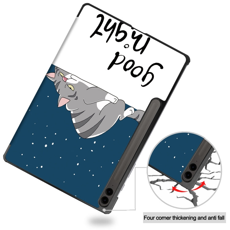 For Samsung Galaxy Tab S9 FE+ Custer Painted 3-Fold Holder Smart Leather Tablet Case(Lazy Cat) - Galaxy Tab S9 FE+ by PMC TechLife | Online Shopping South Africa | PMC TechLife