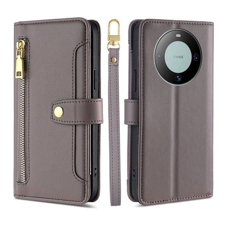 For Huawei Mate 60 Lite Sheep Texture Cross-body Zipper Wallet Leather Phone Case(Grey) - Huawei Cases by PMC TechLife | Online Shopping South Africa | PMC TechLife | Buy Now Pay Later Mobicred