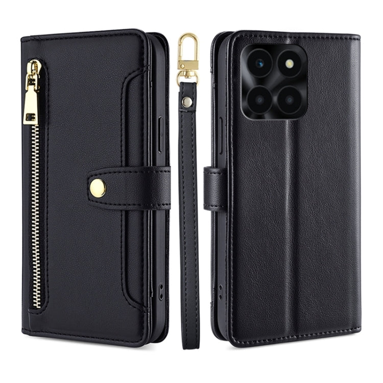 For Honor X6a 4G Sheep Texture Cross-body Zipper Wallet Leather Phone Case(Black) - Honor Cases by PMC TechLife | Online Shopping South Africa | PMC TechLife | Buy Now Pay Later Mobicred