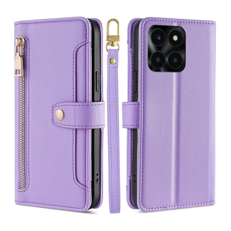 For Honor X6a 4G Sheep Texture Cross-body Zipper Wallet Leather Phone Case(Purple) - Honor Cases by PMC TechLife | Online Shopping South Africa | PMC TechLife | Buy Now Pay Later Mobicred