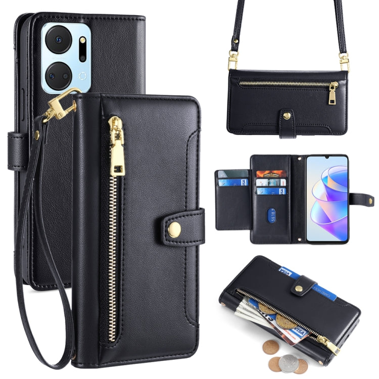 For Honor X7a Sheep Texture Cross-body Zipper Wallet Leather Phone Case(Black) - Honor Cases by PMC TechLife | Online Shopping South Africa | PMC TechLife | Buy Now Pay Later Mobicred