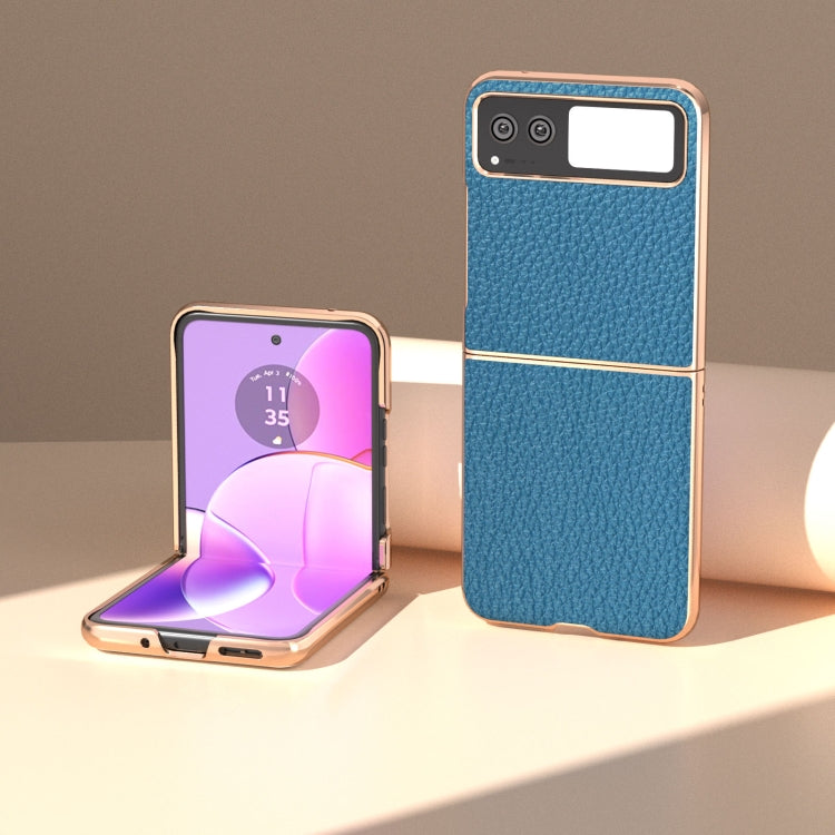 For Motorola Razr 40 Nano Electroplating Genuine Leather Litchi Texture Phone Case(Blue) - Motorola Cases by PMC TechLife | Online Shopping South Africa | PMC TechLife | Buy Now Pay Later Mobicred