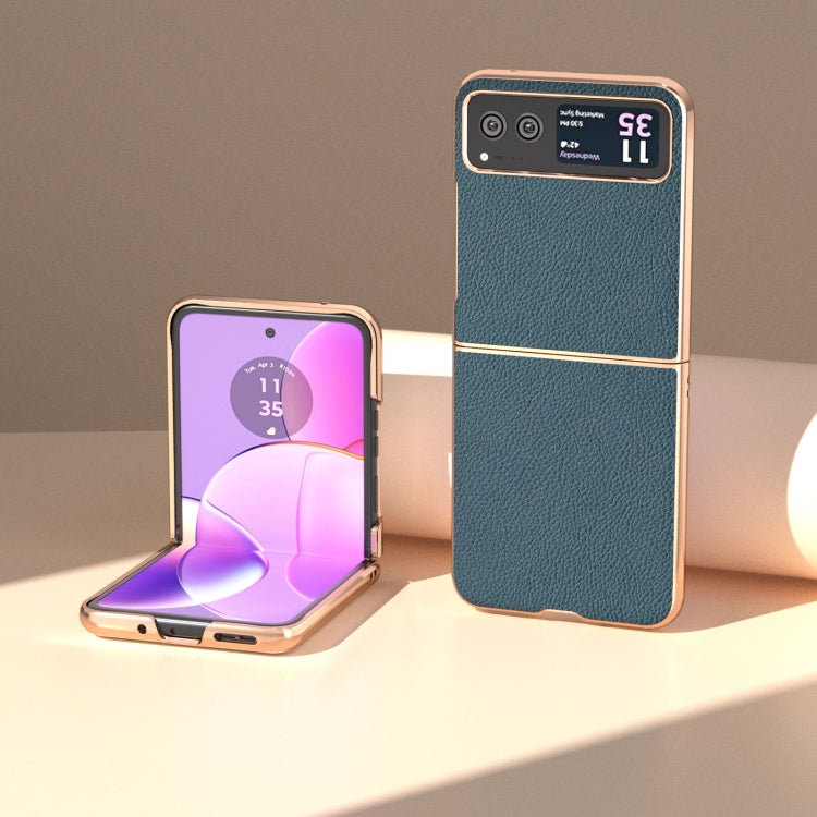 For Motorola Razr 40 Nano Electroplating Genuine Leather + PC Litchi Texture Phone Case(Green) - Motorola Cases by PMC TechLife | Online Shopping South Africa | PMC TechLife | Buy Now Pay Later Mobicred