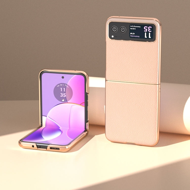 For Motorola Razr 40 Nano Electroplating Genuine Leather + PC Litchi Texture Phone Case(Pink Gold) - Motorola Cases by PMC TechLife | Online Shopping South Africa | PMC TechLife | Buy Now Pay Later Mobicred