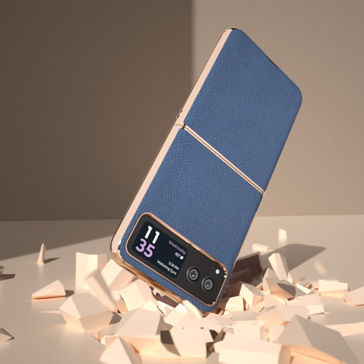 For Motorola Razr 40 Nano Electroplating Genuine Leather + PC Litchi Texture Phone Case(Blue) - Motorola Cases by PMC TechLife | Online Shopping South Africa | PMC TechLife | Buy Now Pay Later Mobicred