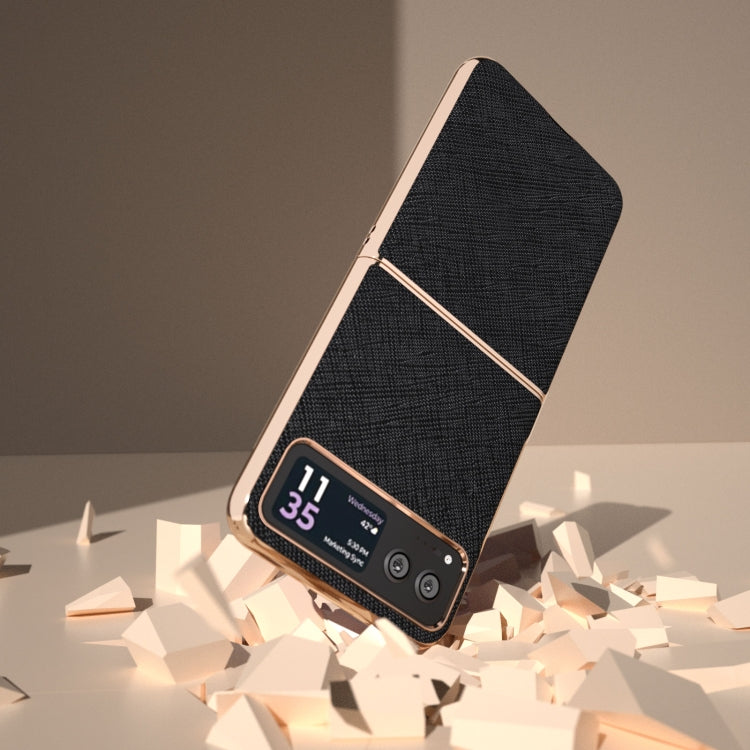 For Motorola Razr 40 Nano Electroplating Cross Texture Genuine Leather Phone Case(Black) - Motorola Cases by PMC TechLife | Online Shopping South Africa | PMC TechLife | Buy Now Pay Later Mobicred