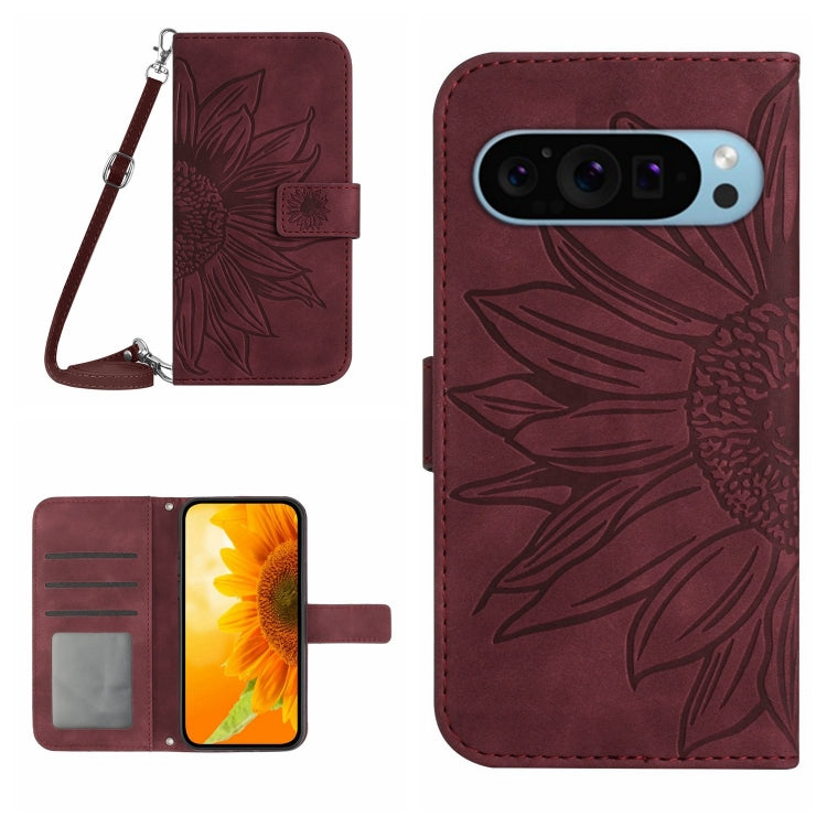 For Google Pixel 9 Pro Skin Feel Sun Flower Embossed Flip Leather Phone Case with Lanyard(Wine Red) - Google Cases by PMC TechLife | Online Shopping South Africa | PMC TechLife | Buy Now Pay Later Mobicred