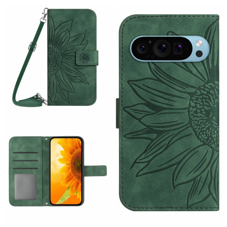 For Google Pixel 9 Skin Feel Sun Flower Embossed Flip Leather Phone Case with Lanyard(Green) - Google Cases by PMC TechLife | Online Shopping South Africa | PMC TechLife | Buy Now Pay Later Mobicred