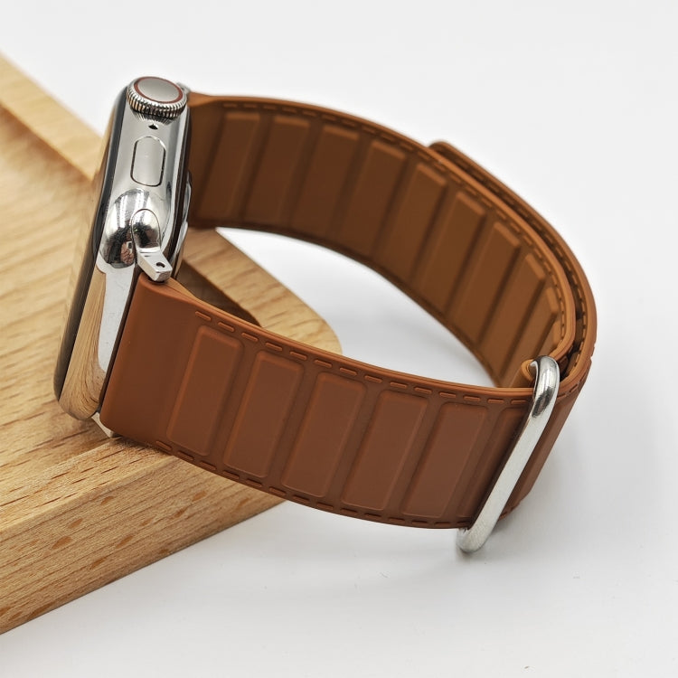 For Apple Watch Series 8 41mm Reverse Buckle Magnetic Silicone Watch Band(Silver Buckle Brown) - free shipping - PMC TechLife - Order now!